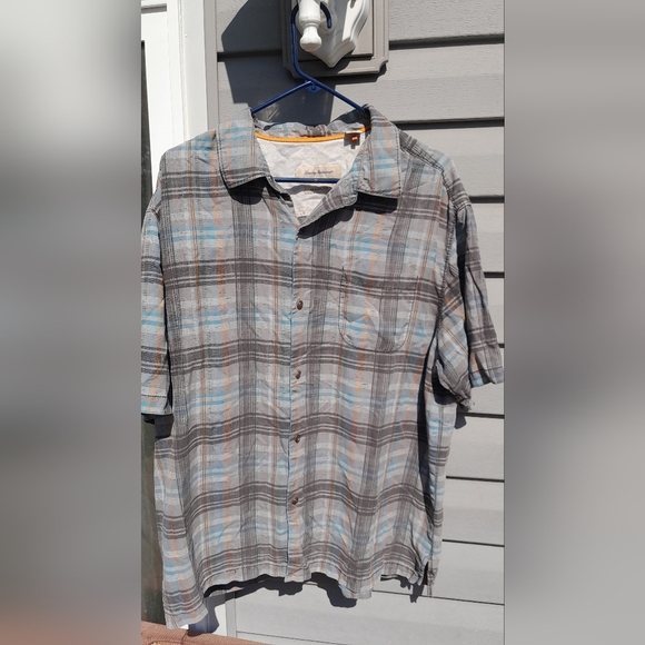 Tommy Bahama Mens XL  100% SILK Gray and Blue Checkered Button Up Collared Shirt - Picture 1 of 5